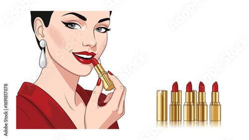 Elegant woman with dark hair applying vibrant red lipstick with a golden tube surrounded by four more lipstick tubes pop art style
