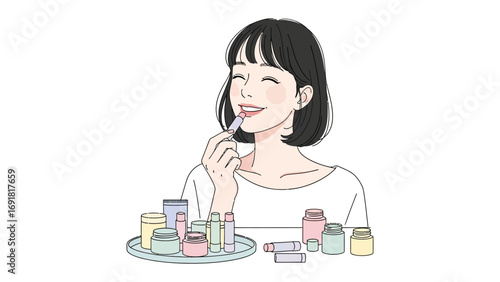Young woman applying lipstick with a smile surrounded by various beauty products and makeup on a table illustration style
