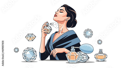 Elegant woman with dark hair wearing a stylish blue and black striped dress applying perfume surrounded by sparkling diamonds and ornate perfume bottles evoking luxury and beauty