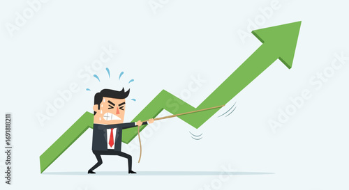Businessman struggling to pull up a green arrow.