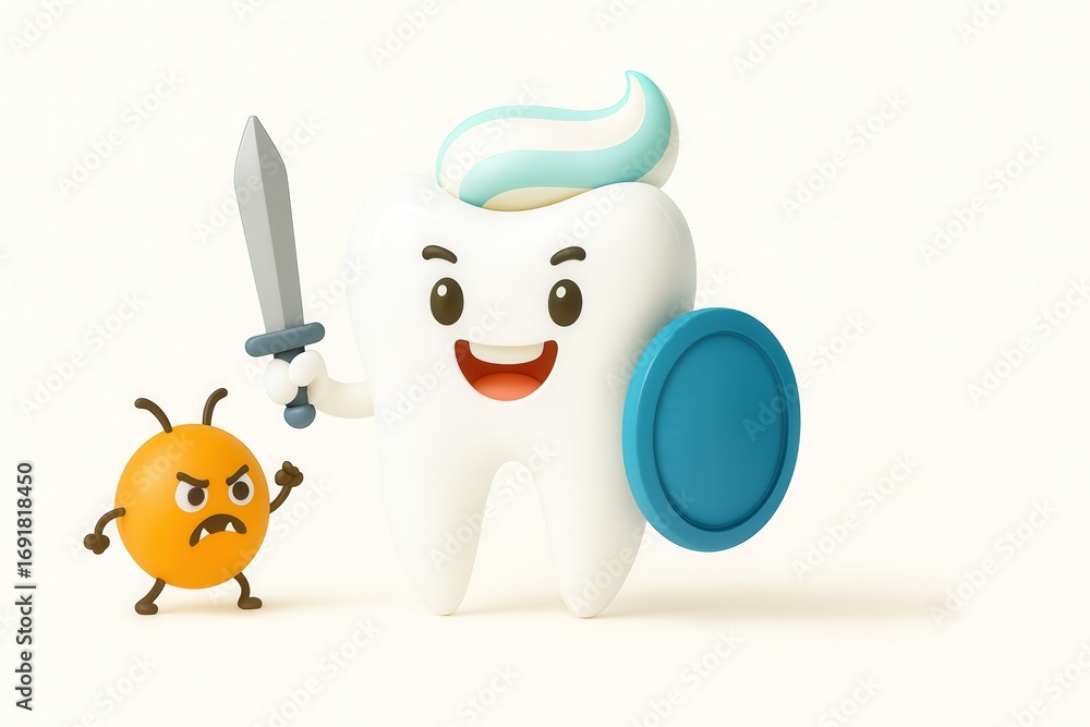 Fototapeta premium Smiling cartoon tooth with toothpaste hair holding sword and shield, fighting germs, symbolizing oral care and strong dental protection. 
