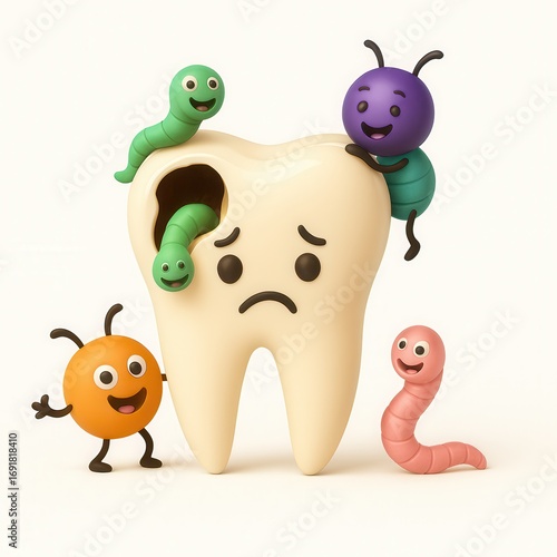 Cute cartoon tooth with sad face and large cavity surrounded by colorful worms and bugs, illustrating severe tooth decay and poor oral hygiene.
