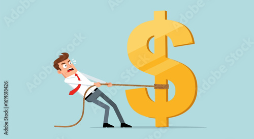 Cartoon Businessman Struggles to Pull a Large Golden Dollar Sign with Rope