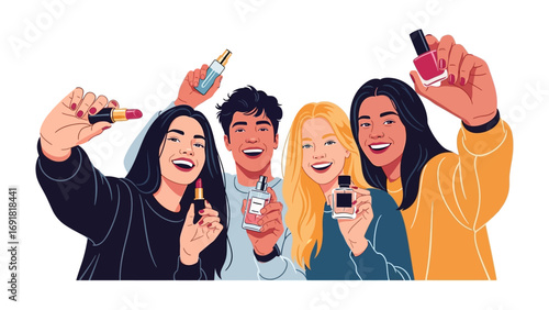Diverse group of smiling young adults holding up various makeup and beauty products celebrating their personal style and self care routines together