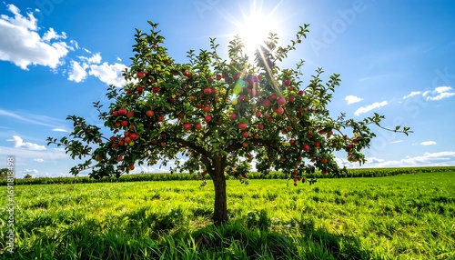 Apple tree laden with fruit under a bright sky