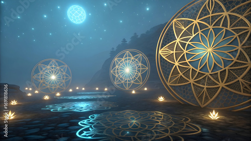 Ethereal Fantasy Landscape with Luminous Golden and Teal Mandala Gates Under a Celestial Night Sky Featuring Glowing Lights and Reflective Water