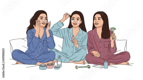 Three young women in matching pajamas enjoying a relaxing self care beauty routine together at home with skincare products