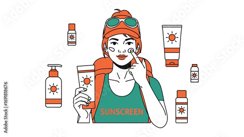 Stylish woman applying sunscreen with various skincare products and sun protection items around her