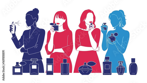 Four diverse women silhouettes in bold colors holding and smelling perfume bottles showcasing fragrance choices and personal style