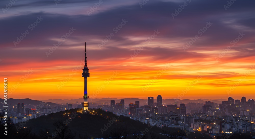 Obraz premium Sunrise over city skyline tower