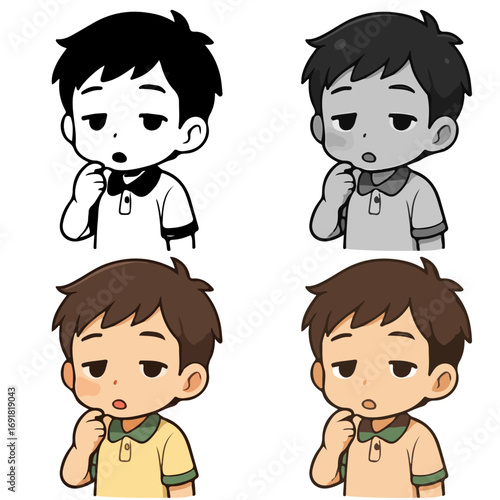 Chibi in mood Contemplative-Curious (Thinking, hand on chin) vector design