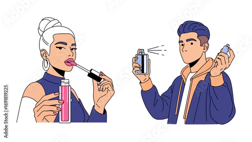 Modern diverse young adults applying makeup and grooming with beauty products and accessories for personal care and style