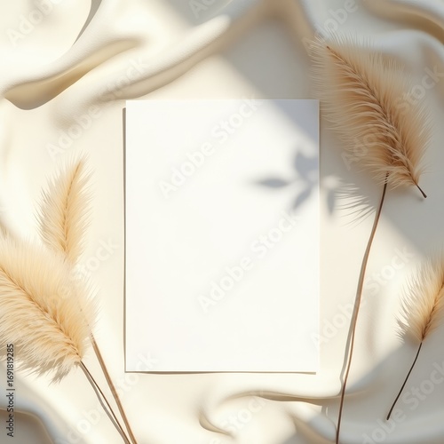 Invitation card mockup blank card on silk fabric with dried grass plumes casting shadows in soft natural light, top view