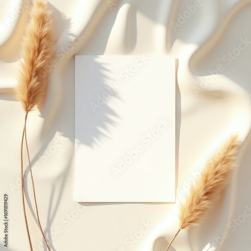 Invitation card mockup a blank white card sits on a silky fabric with pampas grass casting shadows in a soft light setting