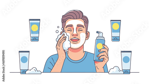 Young man with eyes closed applying facial cleanser with a washcloth surrounded by various skincare product bottles and foam illustrating a morning routine
