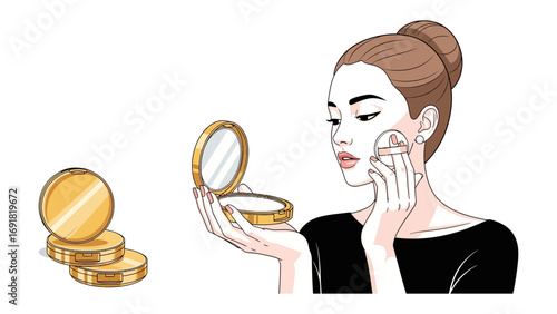 Young woman applying pressed powder makeup with a puff to her face while looking in a compact mirror isolated on white background