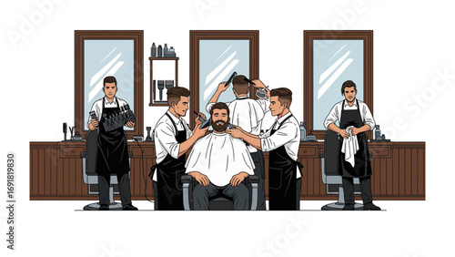 Five barbers meticulously grooming a bearded man in a classic barbershop with vintage mirrors and wooden counters showcasing professional styling