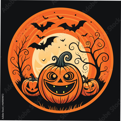 Halloween vector art of a halloween logo featuring a grinning pumpkin with glowing eyes, surrounded by bats and bare trees, set within a semicircular frame with the word halloween in bold letters
