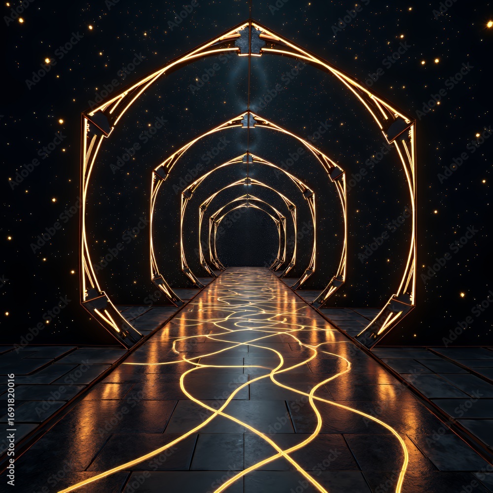 Fototapeta premium Futuristic tunnel with glowing orange geometric arches and swirling light patterns on the floor, set against a starry, dark background conveys mystery and intrigue.