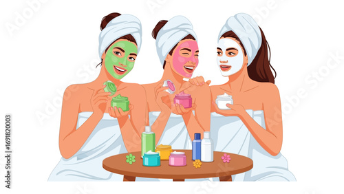 Three diverse young women with towels on their heads and colorful face masks applied to their skin enjoying a spa day at home
