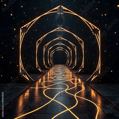 Futuristic tunnel with glowing orange geometric arches and swirling light patterns on the floor, set against a starry, dark background conveys mystery and intrigue.