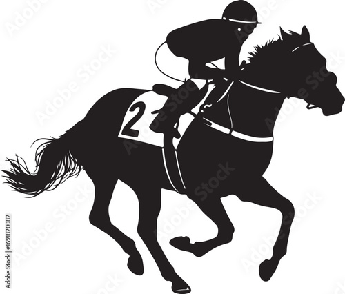 Jockey on a racehorse in silhouette during a race racing
