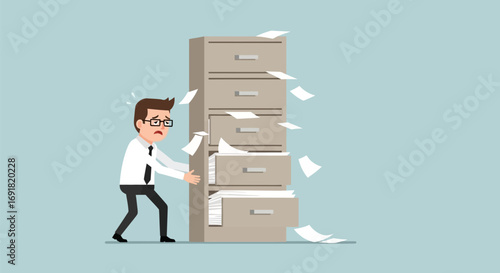 Stressed Businessman with Overstuffed Filing Cabinet and Flying Papers