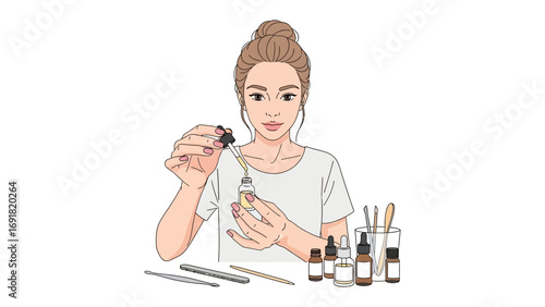 Young woman with her hair in a bun applying serum from a dropper bottle to her face with a smile and makeup brushes nearby