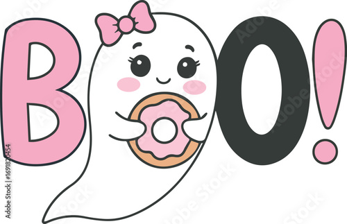 Kawaii Ghost with Donut Halloween Boo Illustration