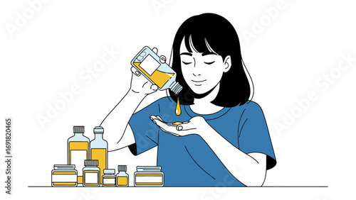Young woman carefully pouring liquid from a small glass vial into her palm surrounded by various bottles and jars of remedies and supplements
