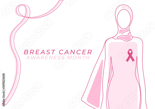 Woman in hijab for breast cancer awareness poster. Support, solidarity concept. Campaign, charity, donation. Line vector illustration.