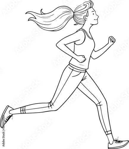Line drawing of a woman running with long flowing hair