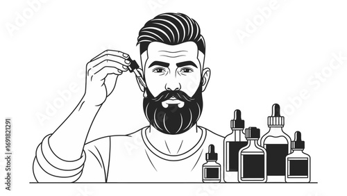 Hand drawn illustration of a bearded man with a dropper applying beard oil to his facial hair surrounded by various small bottles of grooming products