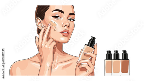 Beautiful woman applying liquid foundation makeup to her face with a bottle of foundation in her hand and more bottles nearby