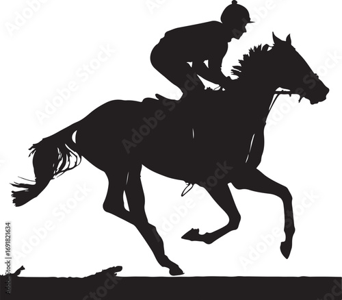 Silhouette of a jockey riding a horse in full gallop