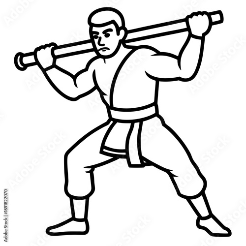 Martial Artist with Bo Staff, a Fighter Mascot in a Power Stance