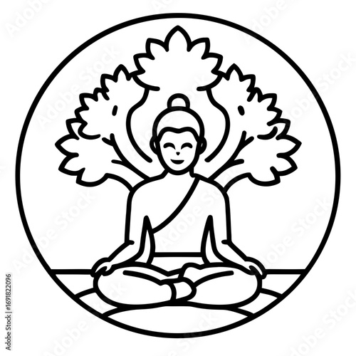 Buddha Meditating Under Bodhi Tree, a Line Art Icon of Enlightenment