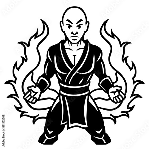 Powerful Monk Mascot with Fire Aura, a Martial Arts Vector Logo