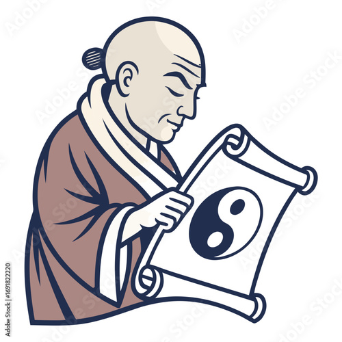 Wise Asian Master with Yin Yang Scroll, a Vector Logo for Philosophy and Martial Arts