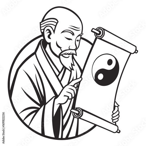 Wise Asian Master with Yin Yang Scroll, a Vector Logo for Philosophy and Martial Arts