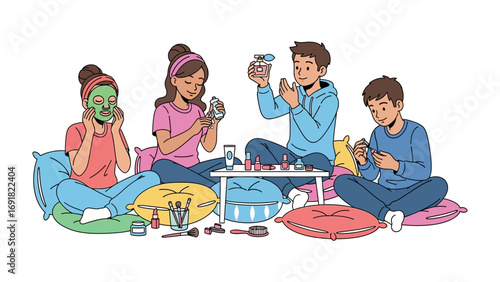 Four young friends enjoying a fun spa day at home applying face masks and makeup while sitting on colorful cushions and pillows