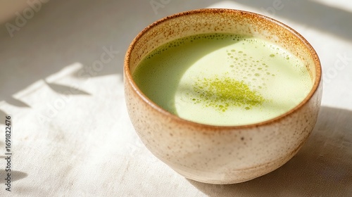 Creamy green matcha tea in a wooden bowl, light and calming ambiance, perfect for relaxation and wellness themes.