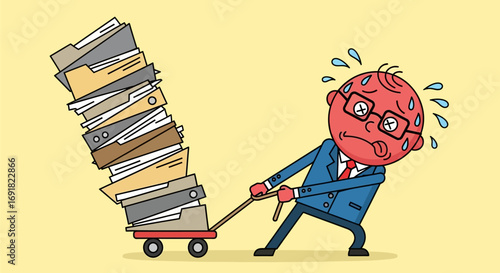 Stressed Businessman Pulling Overloaded Cart with Documents