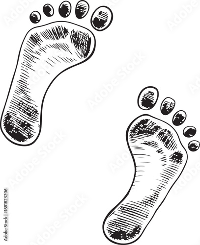 Hand Drawn Footprints Sketch on White Background Keywords: footprint, feet, step, walking, path