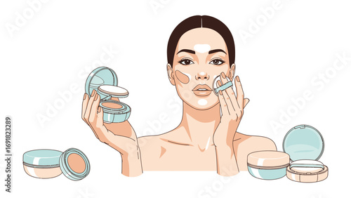 Young woman applying powder makeup with a puff surrounded by open compacts of foundation and blush showcasing beauty routine and cosmetic products