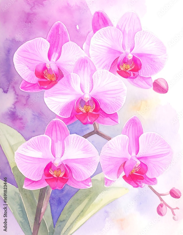 Fototapeta premium Pink orchids watercolor painting