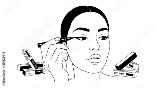 Close up line art illustration of a young woman applying eyeliner with a brush to her eye surrounded by makeup products