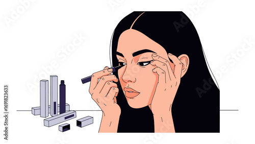 Close up of a young woman with long dark hair applying black eyeliner with a brush to her upper eyelid creating a precise winged look