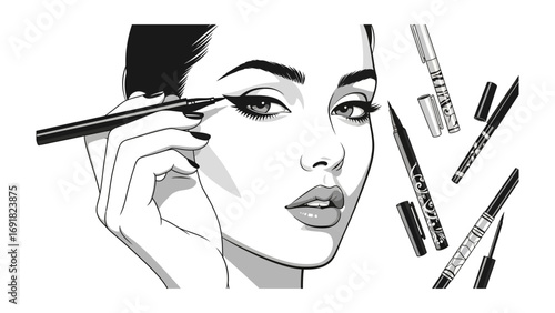 Close up of a beautiful woman applying liquid eyeliner with a steady hand creating a dramatic winged look for her eyes