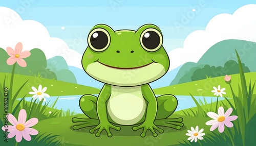 Cute frog in a spring landscape